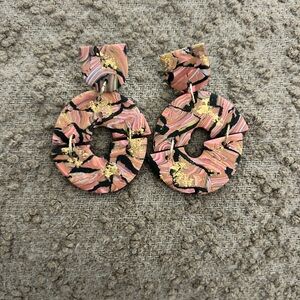 Abstract Mauve, Gold, Black Clay Earrings